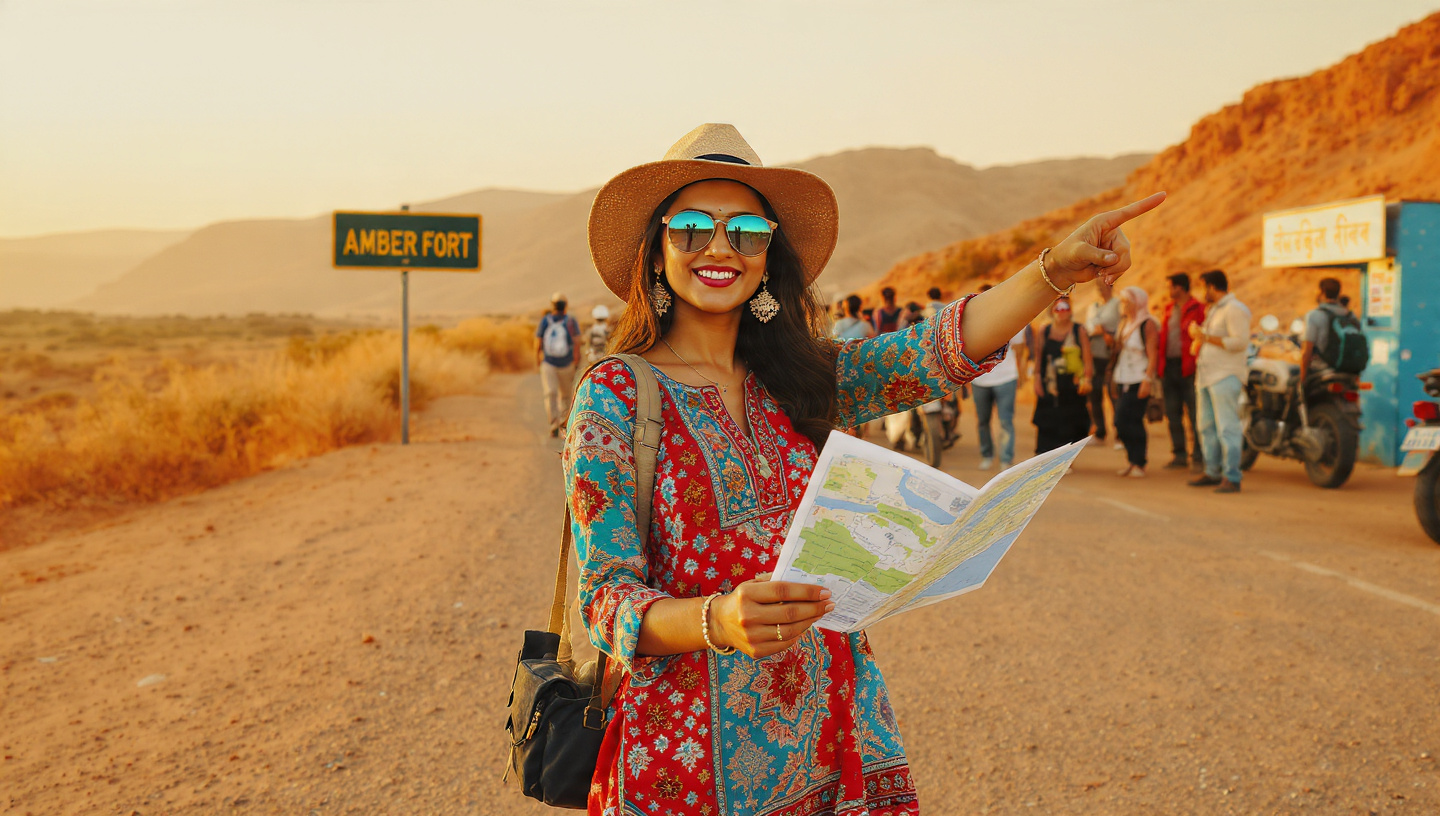 Women in tourism India: young female guide explains Amber Fort history to diverse tourists, showcasing woman in tourism industry